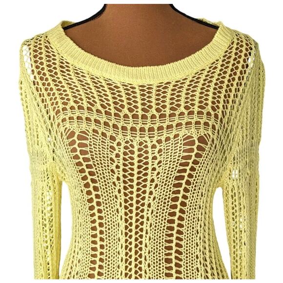 Billabong Designer Closet Large Crocheted Sweater Yellow Knit Hippie Festival - Picture 4 of 13